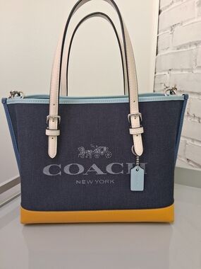 Coach Mollie Denim Colorblock Tote - Navy, Yellow & Light Blue